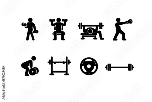 Home Workout Icons. Strength Training at Home. Filled icon set of Strength Training at Home: dumbbell curl,