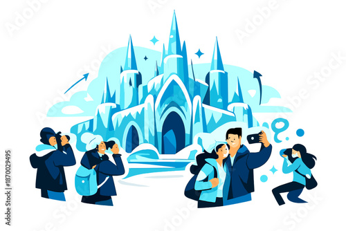 Frozen Castle Marvel. Ice Castle Landmark. A giant frozen castle with sharp towers and arches, people taking