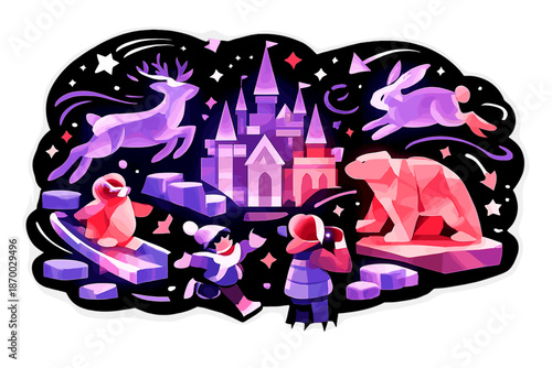 Illuminated Ice Sculptures. Illuminated Ice Art. Colorful lights glowing inside translucent sculptures,