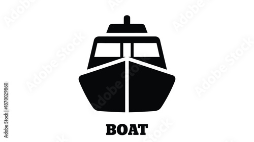 Simple black silhouette of a boat with a prominent cabin and hull design shown