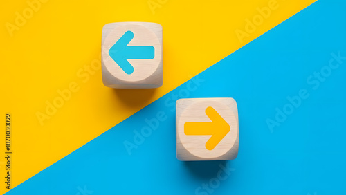 Free Download Arrow icons in contrast on wooden cubes moving towards opposite directions. Competition, diversity, opposition or confrontation concept. - GFXLoad