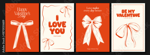 Set of 4 Valentine’s Day postcards featuring vintage-style ribbon bows, romantic quotes, and playful typography. Perfect for greetings, gifts, posters, social media or scrapbooking.