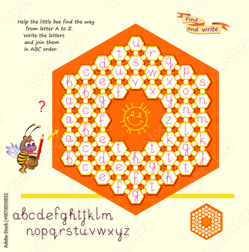 Help the little bee find the way from letter A to Z. Write the letters and join them in ABC order. Logic puzzle game with maze. Brain teaser book. Educational page. Activity sheet. Hand drawn vector
