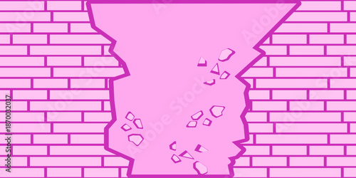 Vector illustration of pink brick wall broken in center with visible cracks and gaps. Concept of damage, breakthrough, destruction, repair, or urban texture. Breaking the shackles and limitations.