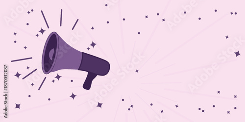 Vector illustration of loudspeaker with copy space in purple tones on isolated pink background. Symbol of women’s empowerment, activism, freedom of speech, protests and expressions of will.