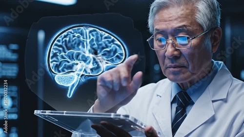 Wallpaper Mural Elderly scientist examines holographic brain scan on futuristic interface Torontodigital.ca