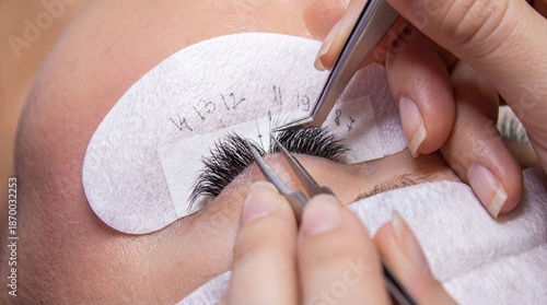 Close up of individual artificial Eyelash Extensions being applied at Beauty Salon