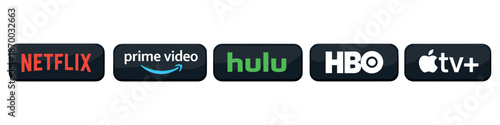 A set of stylized buttons/logos of the most popular streaming services in the form of pill-shaped badges on a black background.