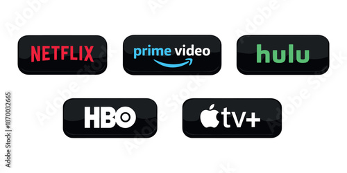 A set of five stylized logos/buttons for the most popular streaming services in the form of rectangular pill-shaped buttons on a black background with white/colored text.