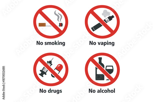 a set of signs indicating a complete ban on smoking, vaping, drug and alcohol use