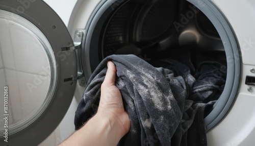 Person reaching into front load washing machine to pull out dark clothes covered in white laundry detergent powder residue