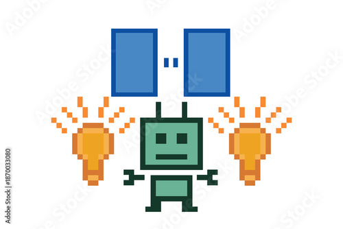 8 bit robot humanoid robotic cartoon analysis business data with engineer bot,ai,toy with business cute background pixel.