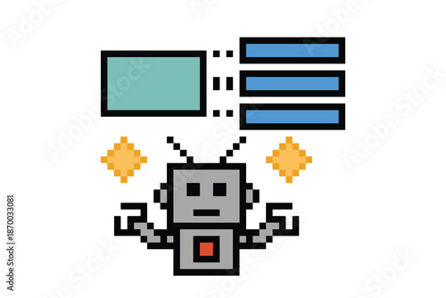 8 bit robot humanoid robotic cartoon analysis business data with engineer bot,ai,toy with business cute background pixel.