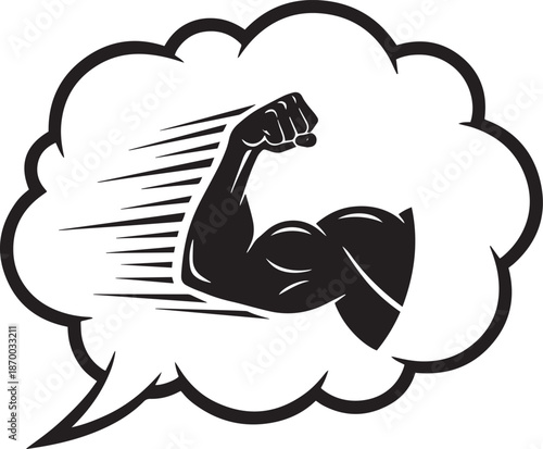 Strong Bicep Flex Silhouette in Thought Bubble – Fitness and Motivation Vector Icon