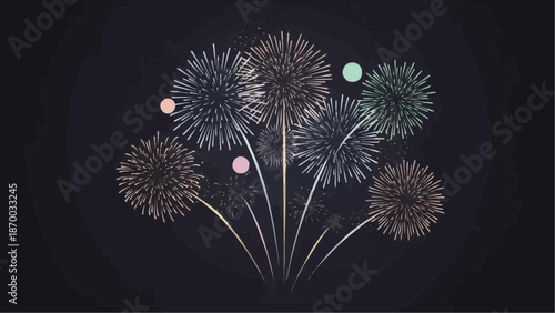 a stunning illustration depicts a collection of stylized fireworks in varying shades of gold green and blue against a