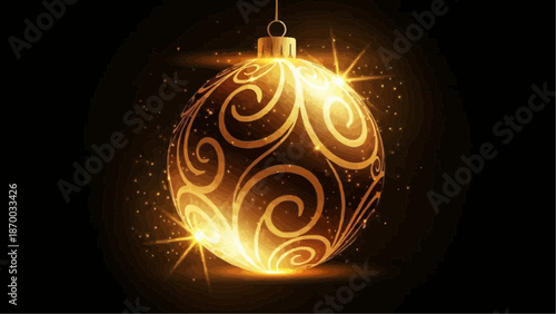 a luminous golden christmas ornament hangs suspended in darkness radiating a warm glow with intricate swirling patterns high quality professional