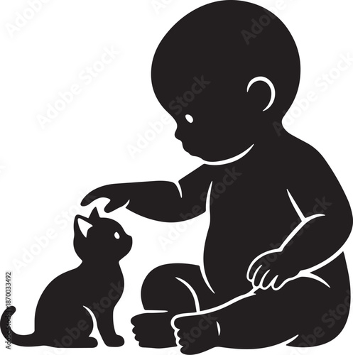 Minimalist Silhouette of a Baby Sitting and Playing with a Kitten - Vector Clipart
