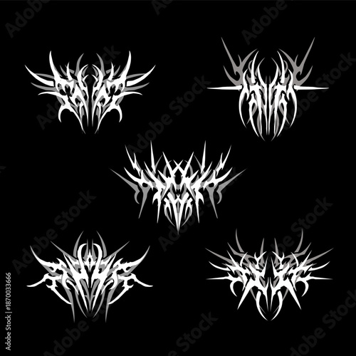 Cyber tribal game logo vector set featuring futuristic symmetrical emblems, sharp techno tribal style for factions, clans, UI icons, and sci-fi branding