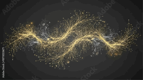 a captivating depiction of swirling golden and silver particles forming a dynamic abstract shape against a dark shadowy background