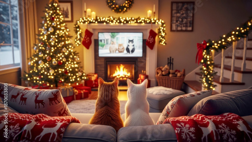  Cozy Christmas decorated living room with two cats watching TV. Festive winter moment. Perfect for greeting card.