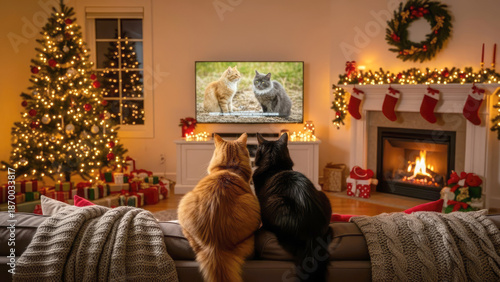  Cozy Christmas decorated living room with two cats watching TV. Festive winter moment. Perfect for greeting card.