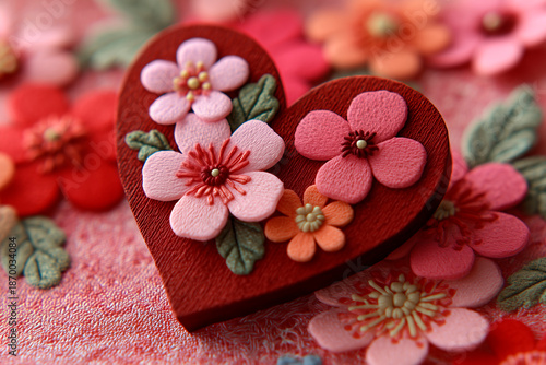 An ornate, deep red textured heart decorated with delicate fabric flowers in pink and orange shades.