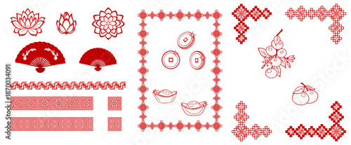 Decorative isolated elements of Chinese New Year: frame, decorative lines, corners, tangerines, lotus, fan, gold bars, and coins on a white background. Vector illustration.