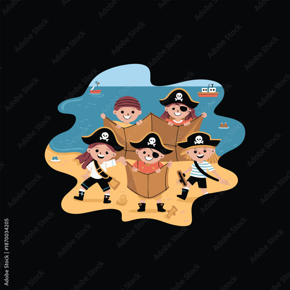 Naklejka premium Happy Children Dressed as Pirates Playing on a Beach with Cardboard Ship and Ocean Background