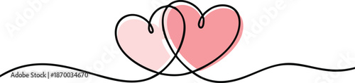 Two Hearts Continuous One Line Drawing. Valentines day concept. Hearts Couple Trendy Minimalist Illustration. Love Minimalist Contour vector hand draw sketch, 2 love shape, one line, isolated on white