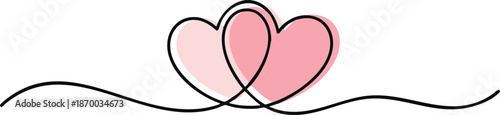 Two Hearts Continuous One Line Drawing. Valentines day concept. Hearts Couple Trendy Minimalist Illustration. Love Minimalist Contour vector hand draw sketch, 2 love shape, one line, isolated on white