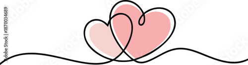 Two Hearts Continuous One Line Drawing. Valentines day concept. Hearts Couple Trendy Minimalist Illustration. Love Minimalist Contour vector hand draw sketch, 2 love shape, one line, isolated on white