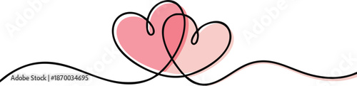 Two Hearts Continuous One Line Drawing. Valentines day concept. Hearts Couple Trendy Minimalist Illustration. Love Minimalist Contour vector hand draw sketch, 2 love shape, one line, isolated on white