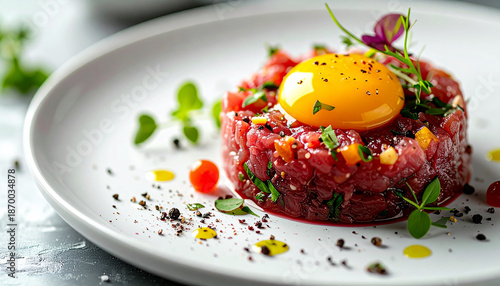 Gourmet beef tartare with fresh ingredients and bright egg yolk, tasty food. Delicious meal. Cooking