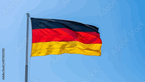 National German flag with black red and yellow stripes waving on a pole against a blue sky background as a symbol of patriotism for the country of Germany in Europe