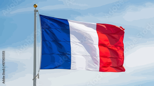 The 3D national flags of France and Italy are waving in the wind against a blue sky as a patriotic symbol of European culture and freedom