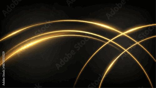 A captivating abstract background features luminous golden curves gracefully intersecting against a deep black canvas creating a dynamic visual