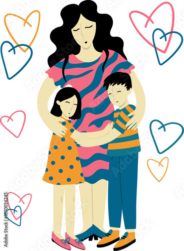 happy mothers day illustration mother hugging son and daughter with hearts cute flat cartoon characters isolated