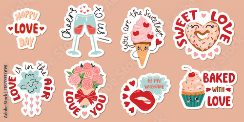 Love-themed stickers pack with cartoon romantic objects. Ice cream, donut, cupcake, glasses with a drink, bouquet of roses, female lips, cloud with hearts, hand written text. Vector illustrations.