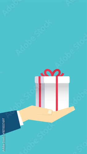 Gift reward program, bonus or surprise present for customer, employee reward or lucky prize, birthday gift box or festive incentive, special loyalty program concept, hand giving gift box 