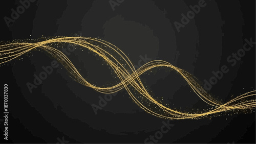 An elegant flowing design of golden sparkling particles forming a dynamic wave against a dark mysterious black background high quality