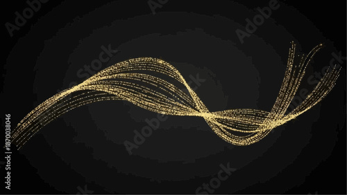 A captivating abstract illustration showcases golden shimmering particles swirling and cascading against a deep dramatic black backdrop forming dynamic