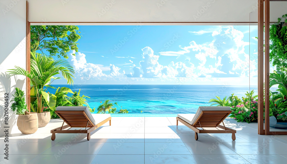 Fototapeta premium Luxuriöse Terrasse mit Meerblick und Infinitypool im tropischen Paradies