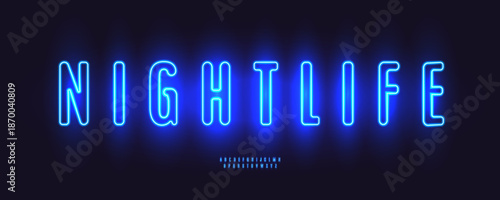 Glow Neon Blue Font Logo Alphabet Vector Condensed Letters Set Modern Typography, Glowing Typographic Design for Sign Title Text, Typo Poster Headline, Led Contour Sans Serif Fonts. Vector Typeface