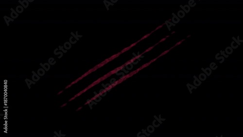 three claw slash marks like three red slashed blood marks caused by a clawed creature or monster from a horror film slasher movie or low budget B movie 4K animation