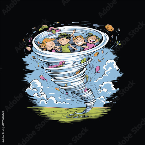 Joyful Children Caught in a Cartoon Tornado Whirlwind with Flying Hats and Balloons