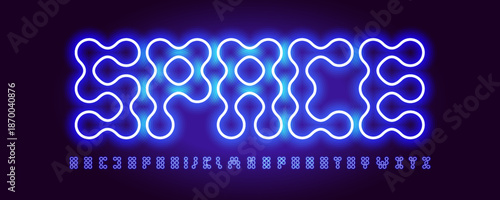 Science Cyber Tech Font Logo Alphabet Vector Dotted Letter Set Typography, Glow Neon Light Effect Typographic Design for Scientific Title Text, Headline, Led Dots Sans Serif Fonts. Vector Typeface