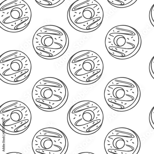 Seamless pattern with donuts with glaze. Sweet doughnuts. Coloring Page. Hand drawn style. Vector illustration