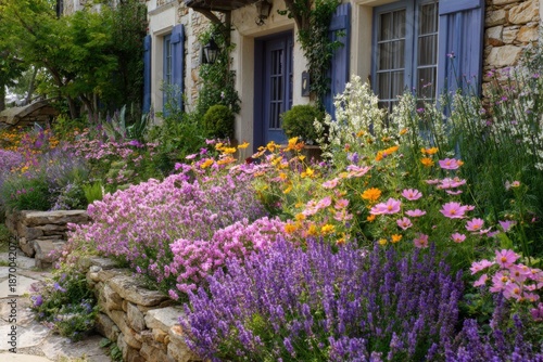 Wallpaper Mural Vibrant and colorful flowers are blooming beautifully in a lush garden situated outside a charming stone building adorned with striking blue window frames, all under the bright light of daytime Torontodigital.ca