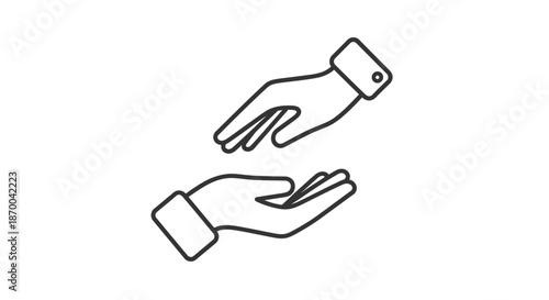 Simple black line illustration of two hands reaching towards each other on white background symbolizing partnership and cooperation with handshake