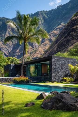 Luxury stone house with swimming pool at the foot of a mountain in Kauai with a beautiful palm tree and a green lawn on a sunny day